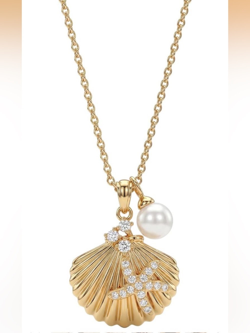 Anthropologie Gold-Tone Shell Necklace with White Pearl & Crystal Starfish
